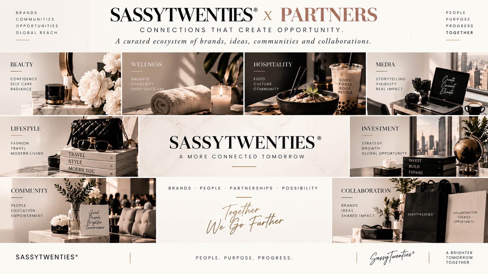 A collage of images with text for Sassy Twenties, showcasing themes like beauty, wellness, hospitality, media, lifestyle, investment, community, and collaboration, emphasizing brands, ideas, communities, and collaboration for a connected future.