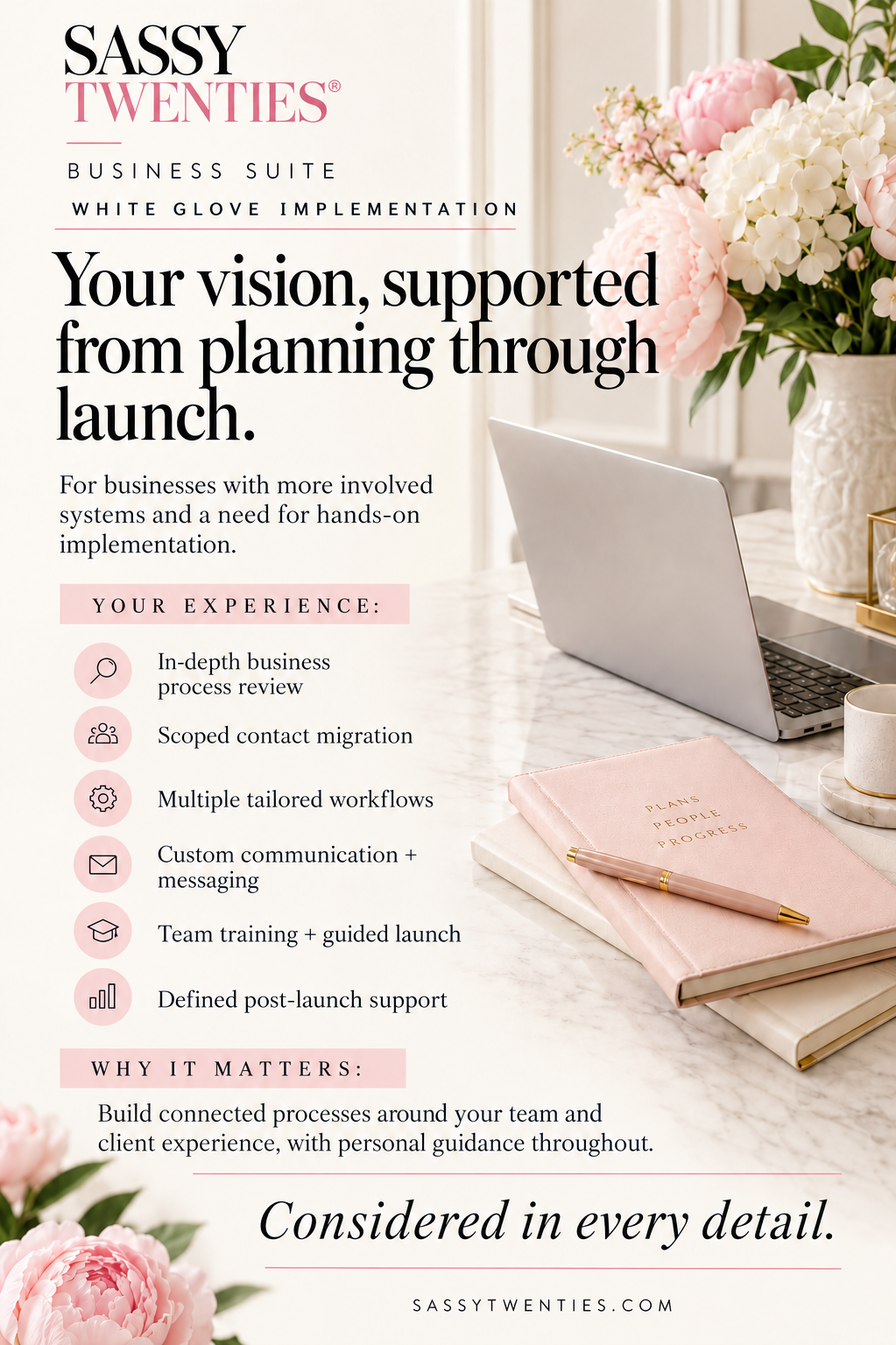 SassyTwenties White Glove Implementation campaign with black-and-pink branding, service inclusions, and an ivory workspace with a laptop.