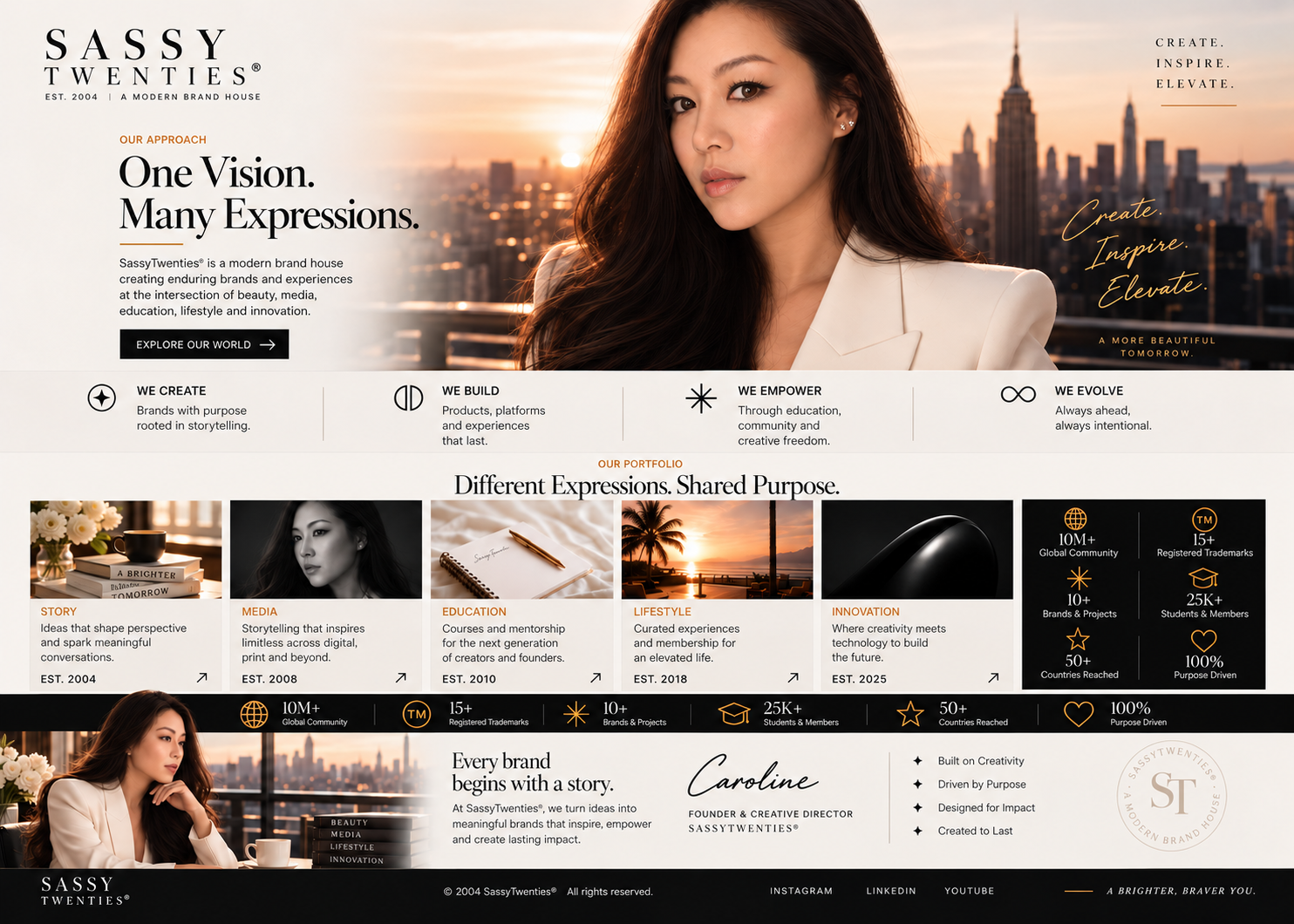 Website homepage for Sassy Twenties, a modern brand house. The page features a large photo of an Asian woman with long, dark hair, in a white blazer, against a cityscape backdrop at sunset. Text highlights the brand's philosophy: "One Vision. Many Expressions." and phrases like "Create. Inspire. Elevate." It includes sections about the brand's approach, portfolio, and values, with images of books, a woman, a sunset, and design items, along with icons and statistics about the brand's community, trademarks, and impact.