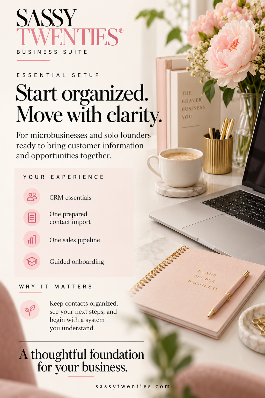 SassyTwenties Essential Setup campaign featuring black-and-pink branding, CRM service inclusions, and a laptop in an ivory workspace.