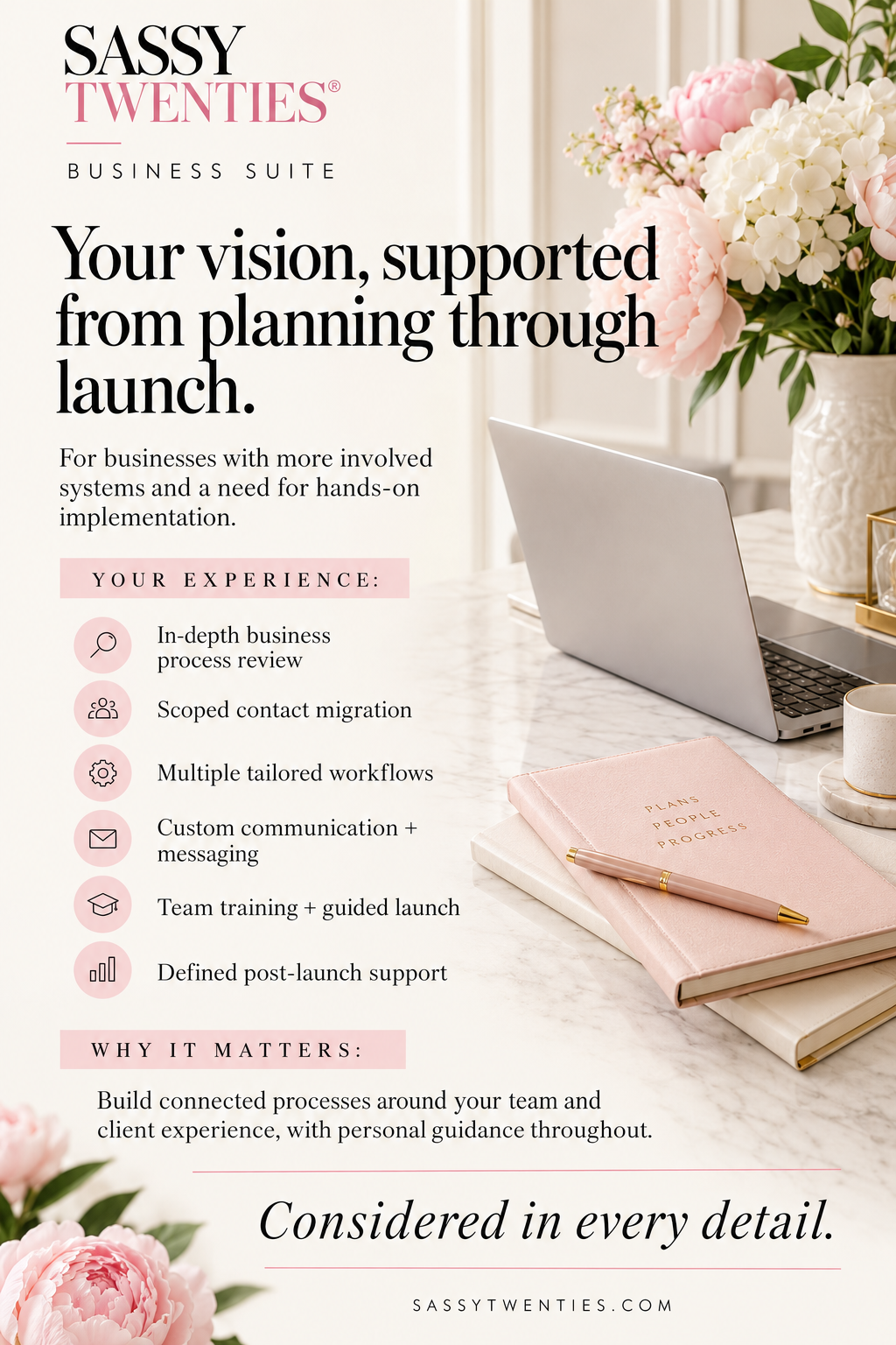 SassyTwenties Signature Experience campaign featuring black-and-pink branding, CRM and automation service inclusions, and an ivory laptop workspace.