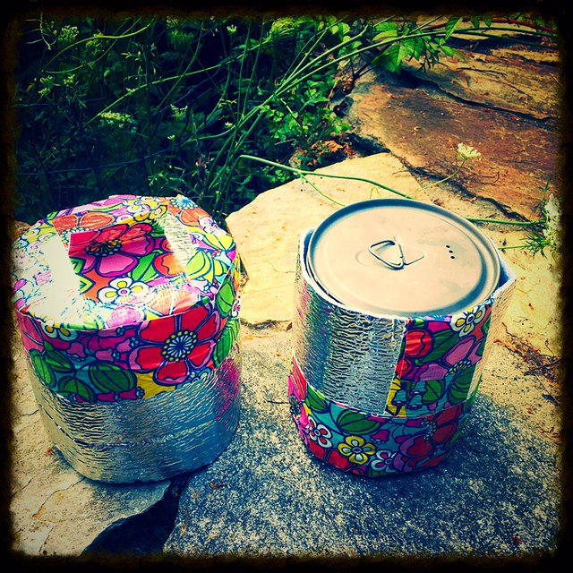 I made the cozy myself. (Did the flowered duct tape give it away?) It's double layered for extra warmth. 