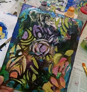 ©Christine Sauer 10x8", acrylic on canvas board, completed layer of Iridescent colors.
