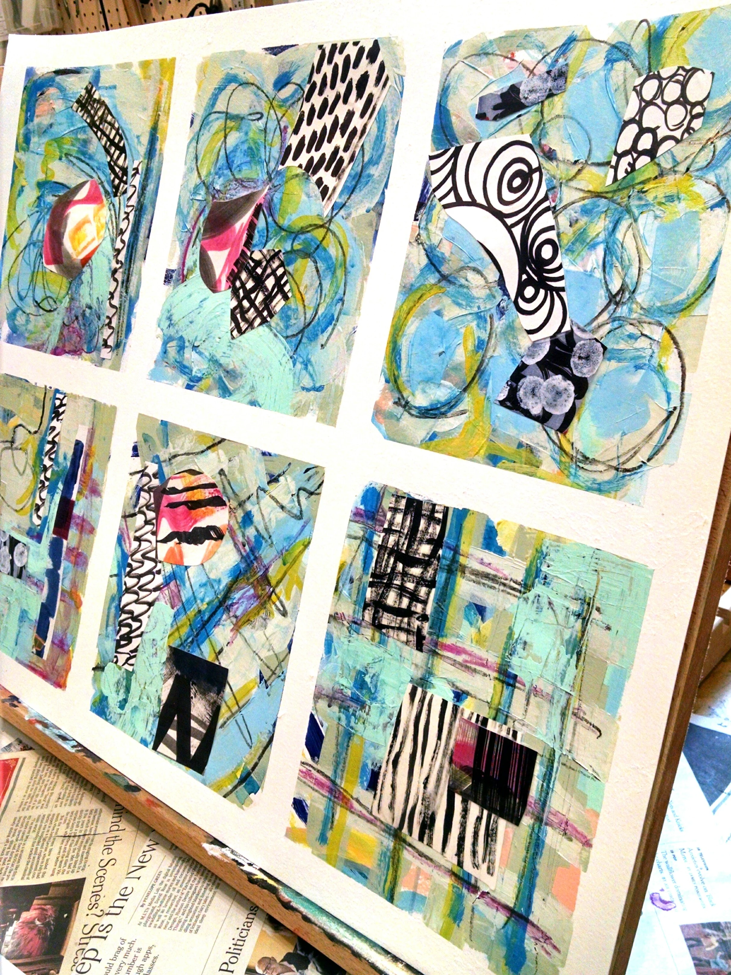 Works in process using the new GOLDEN colors combined with collage on a 185 lb sheet of Canson Montval Acrylic paper.