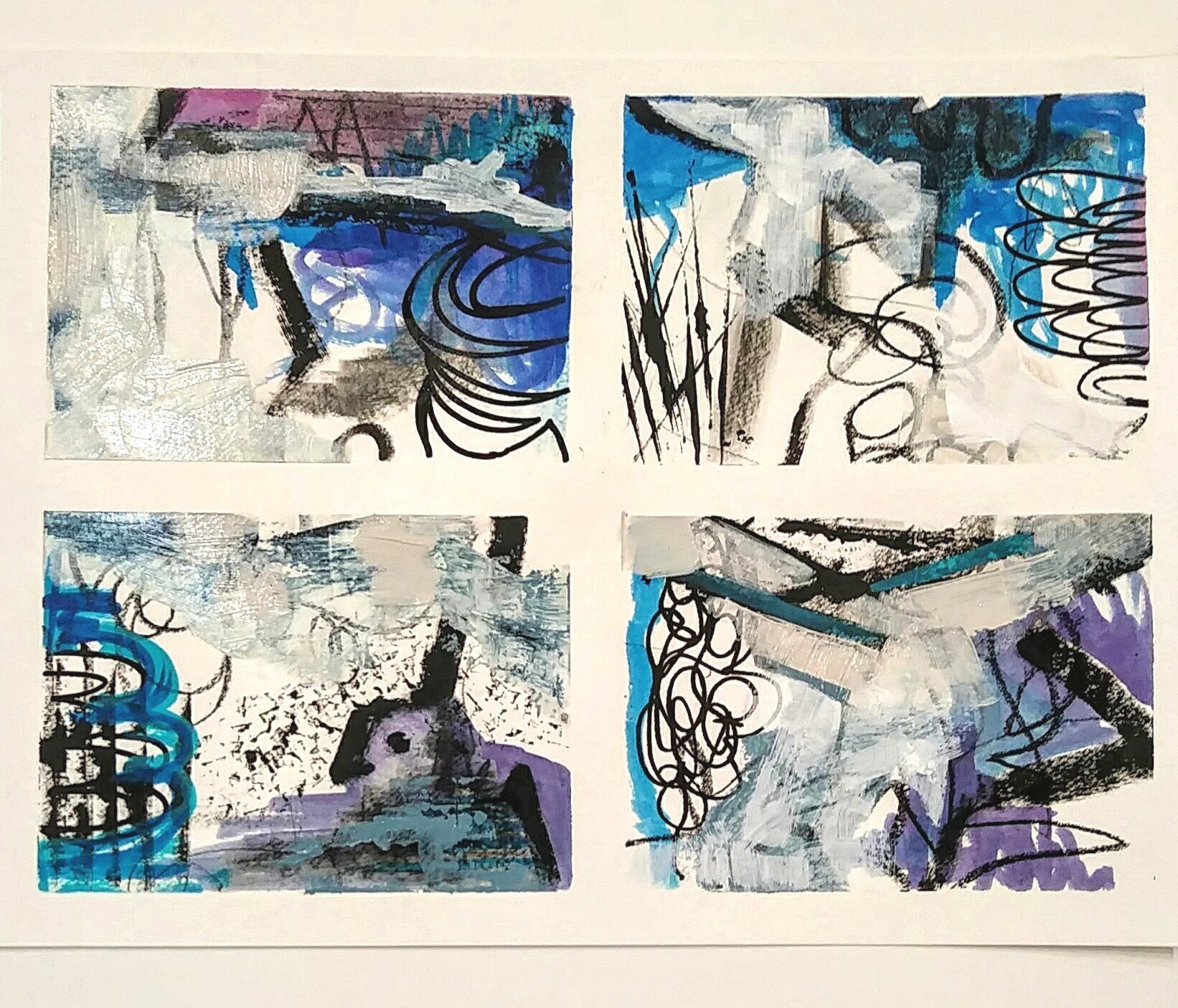 Christine Sauer- Four sections of a larger grid of 5x7” paintings exploring a limited palette.