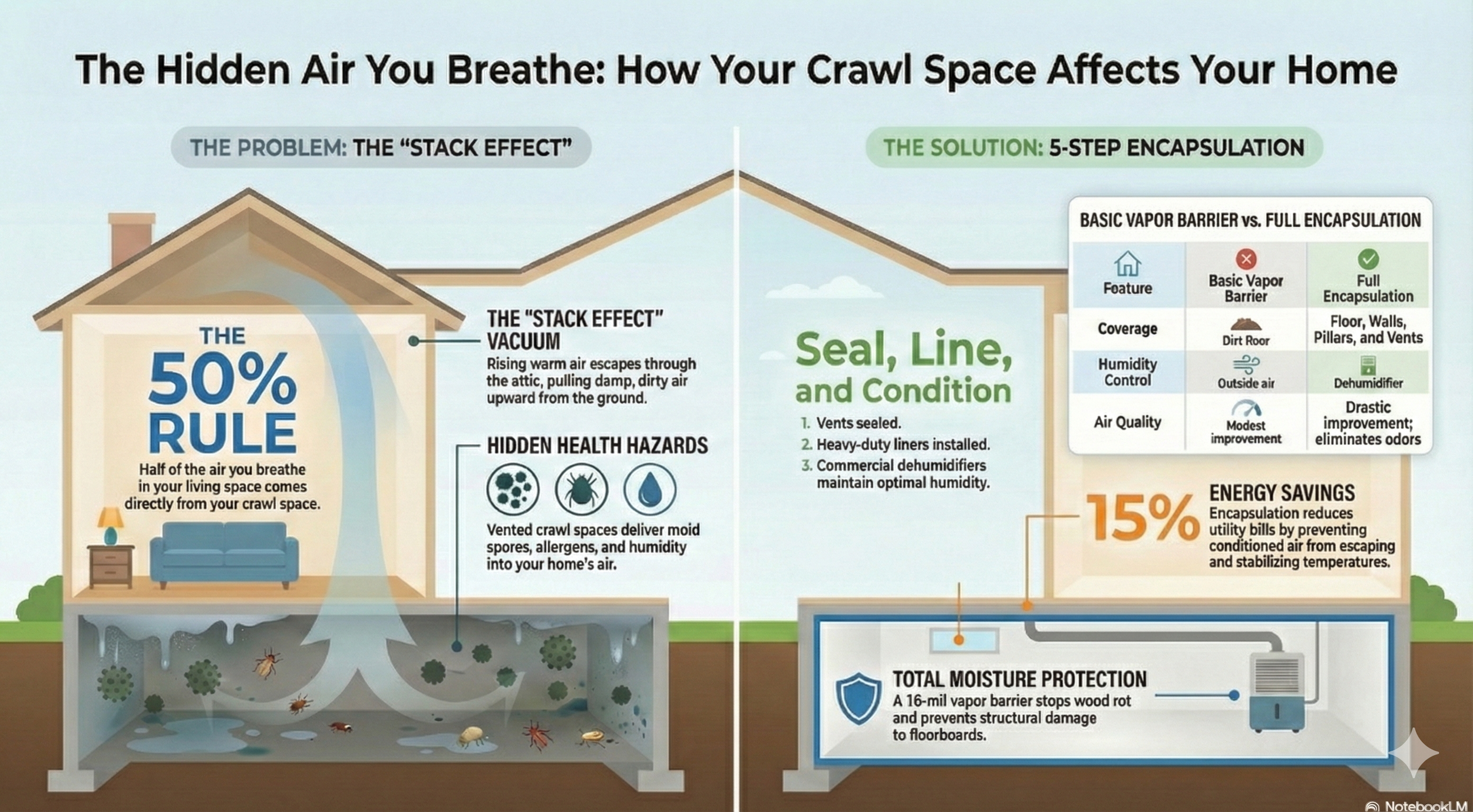 Demonstrating the stack effect and the solution a crawl space encapsulation to prevent dirty air from rising into the home