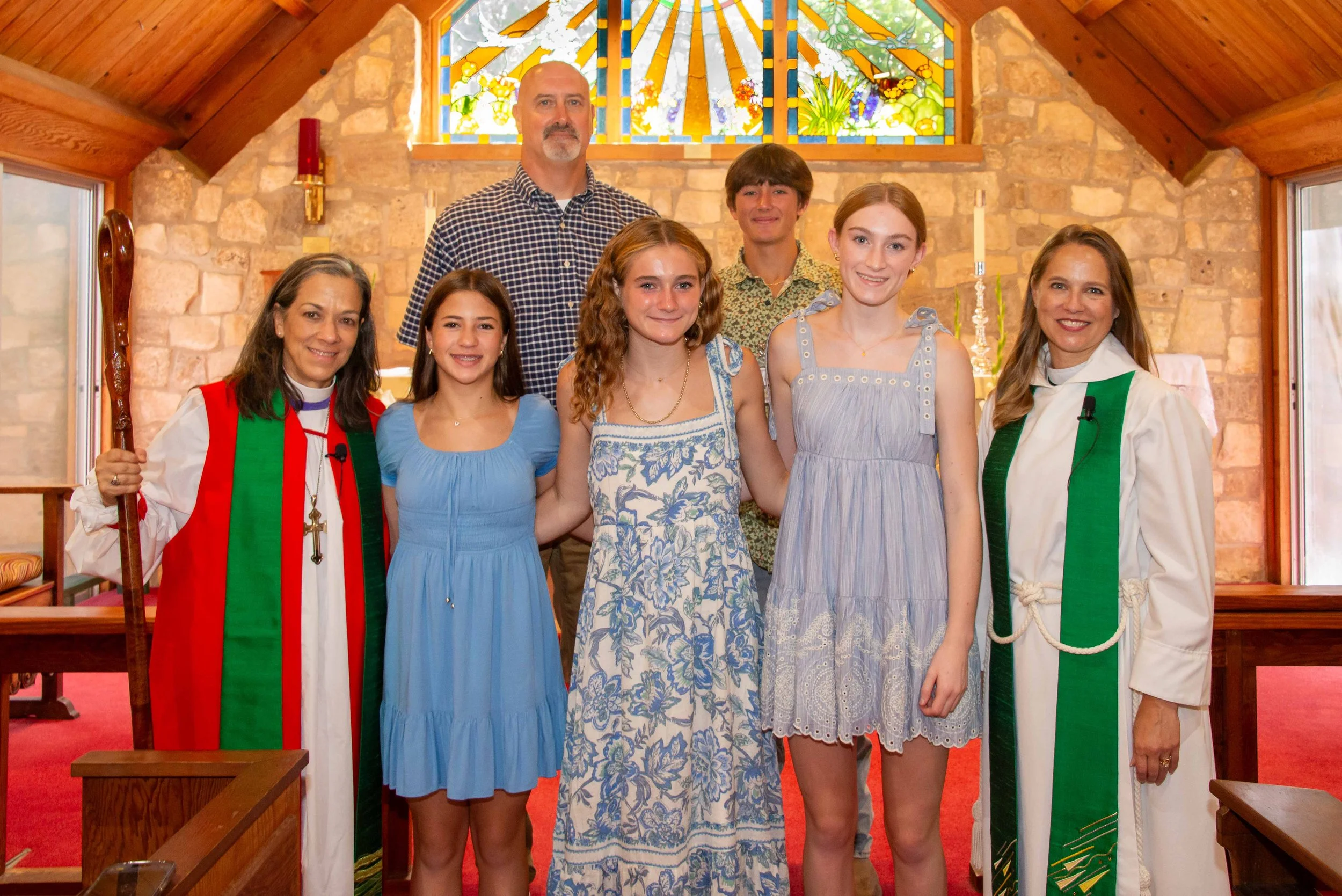Front row: Rt. Rev. Angela Cortiñas, Caroline Earley, Isla McCoy, Kenna Craig, Rev. Bryn Caddell; Back Row: James Tschoepe, Porter Faugtht. (not pictured: Holly Tottenham)