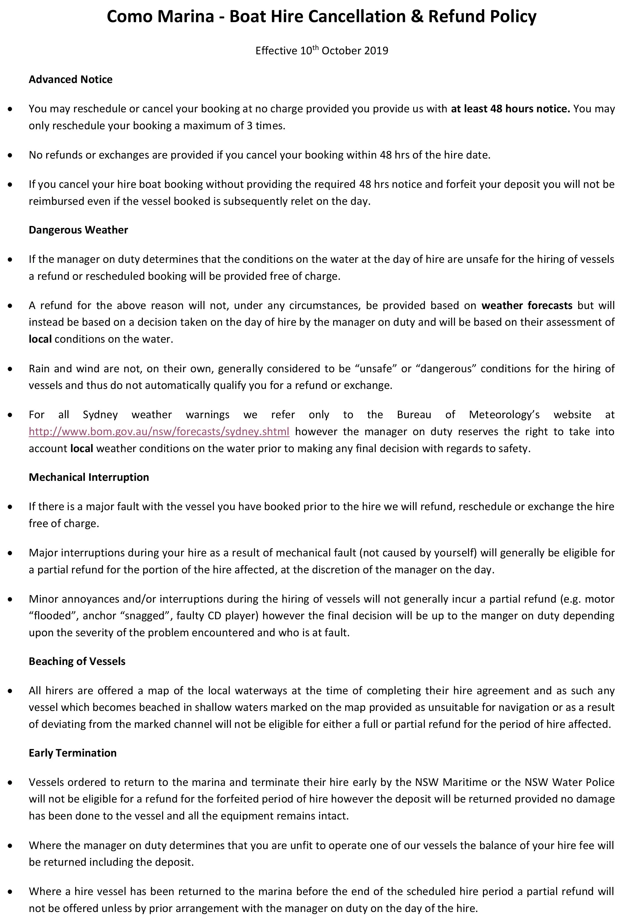 Boat hire Cancellation & Refund Policy