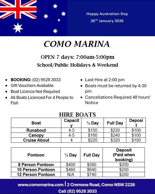 COMO MARINA Boats Hire Ads & Price -AUS DAY2026
