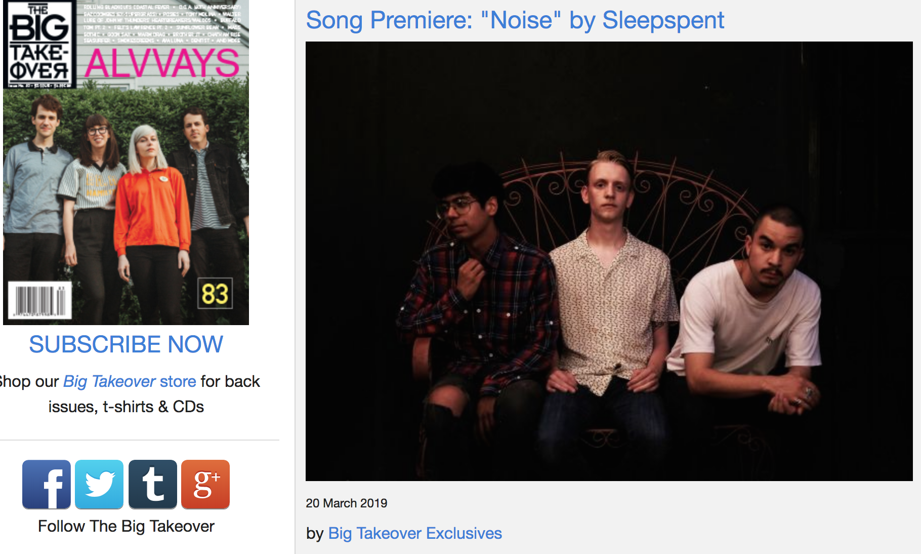 “Sleepspent now return with atmospheric and dynamic indie rocker “Noise”, North’s most personal song to date, and The Big Takeover is proud to host its premiere. The restless, fuzzed-out track marches forward with an emphatic drum beat and is propelled by bass line surges and dreamy to fiery guitar lines. A subdued North quietly intones his lyrics on the verses, but then bursts into a rich and yearning keen on the chorus, arching into an airy falsetto amid his passionate exclamations.”