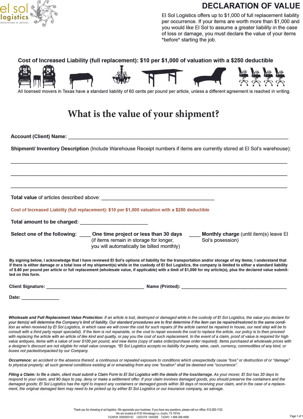 Declaration of Value — el sol logistics