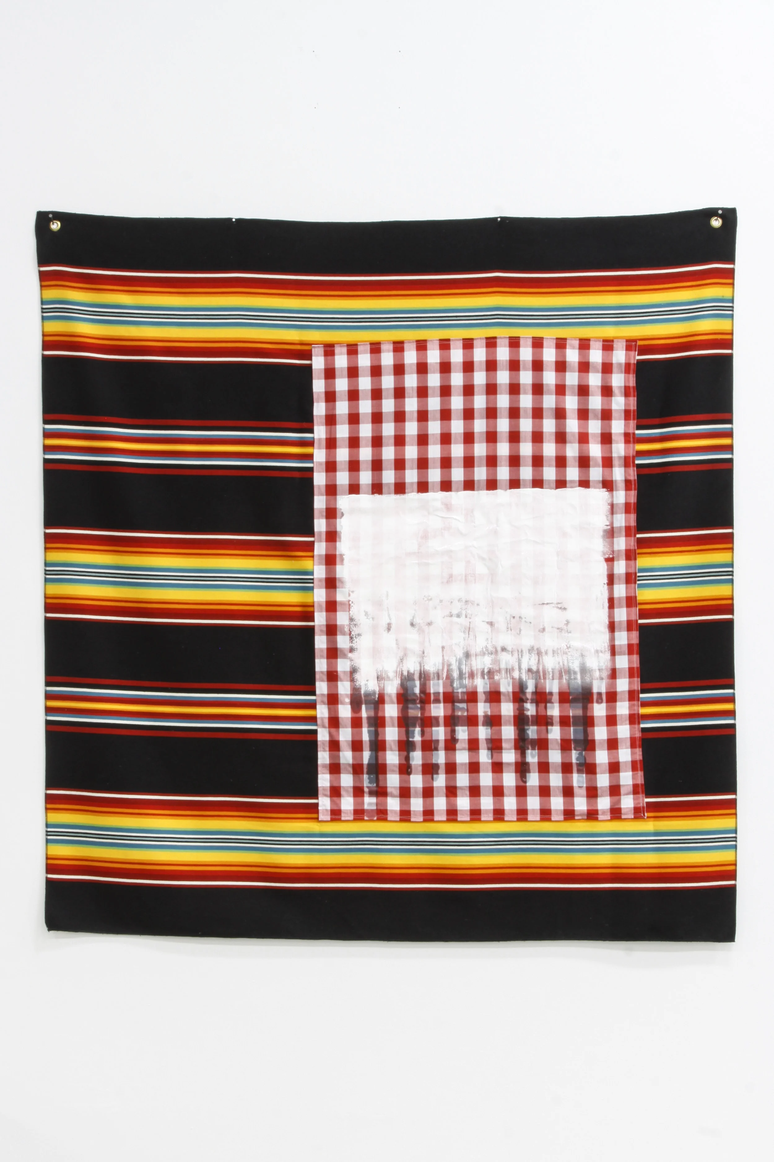 Guess Who Is Coming to Dinner (The Chickens Have Come Home to Roost), Detail, 2015 Dutch Boy House Paint, Urethane on Gingham Tablecloth, Pendleton Serape 63.5 x 60.5 in Photo: Jenna Gard
