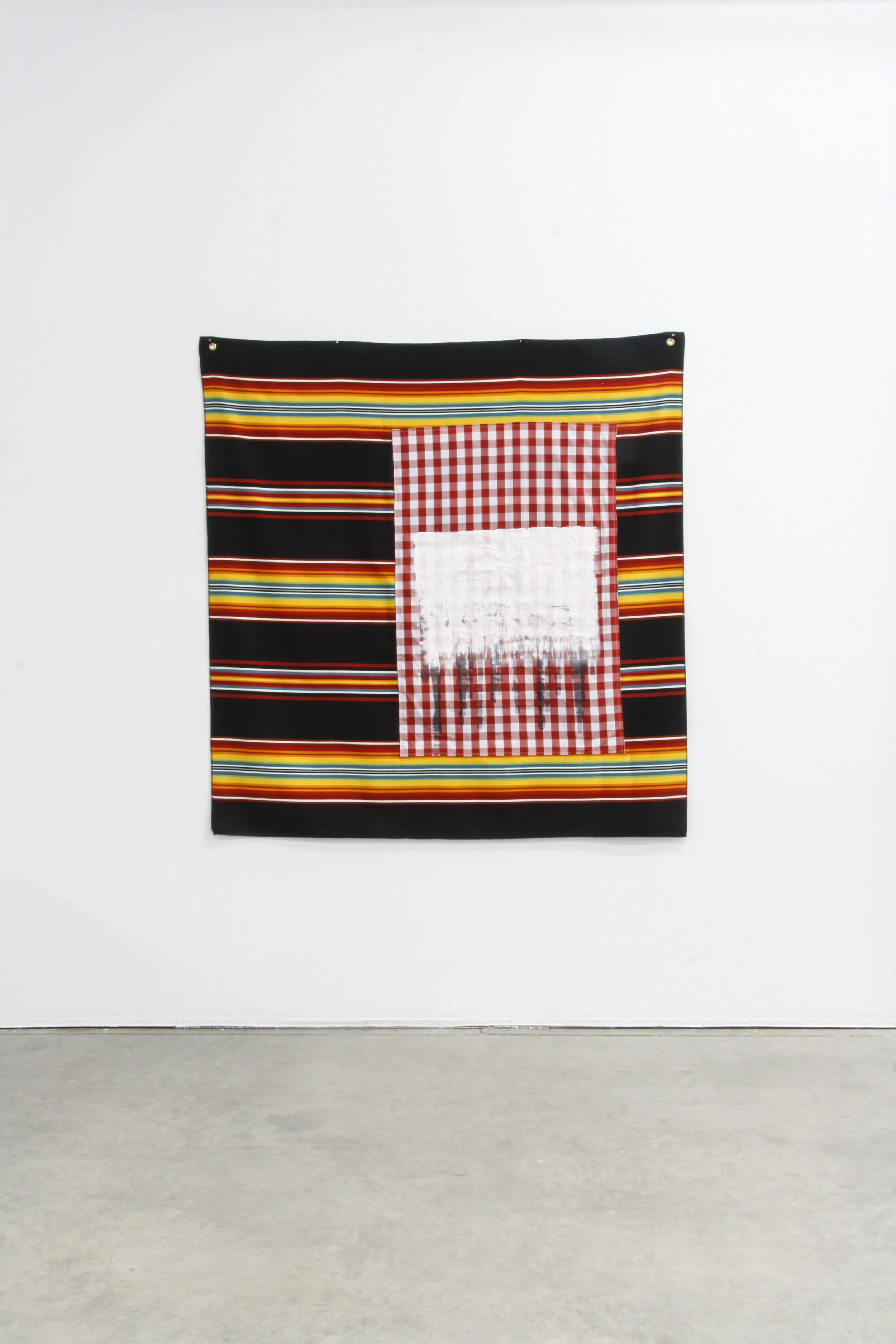 Guess Who Is Coming to Dinner (The Chickens Have Come Home to Roost), 2015 Dutch Boy House Paint, Urethane on Gingham Tablecloth, Pendleton Serape 63.5 x 60.5 in Photo: Jenna Gard Details >