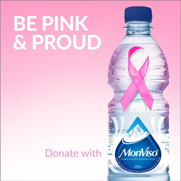 Join the fight against breast cancer with MonViso! For every litre of water sold during the month of October, AED 1 will be donated to the Breast Friends for Cancer initiative to support breast cancer research and awareness.