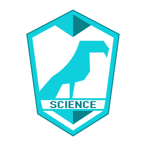 A blue and white shield-shaped emblem with a stylized dinosaur and the word "SCIENCE" below.