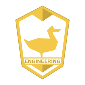 A shield-shaped emblem featuring a duck silhouette and the word 'ENGINEERING' at the bottom.