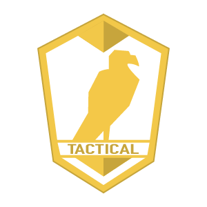 A tactical badge with a yellow and white shield, featuring a bird silhouette and the word 'TACTICAL' at the bottom.