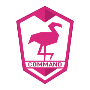 A badge featuring a stylized pink and white bird with the word 'COMMAND' beneath it in pink.