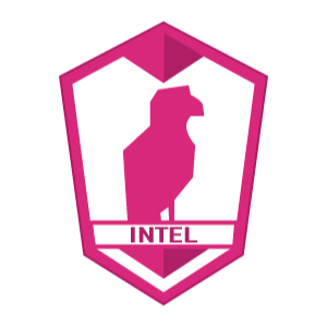 Pink and white shield-shaped logo with a stylized dog silhouette and the word 'INTEL' underneath.