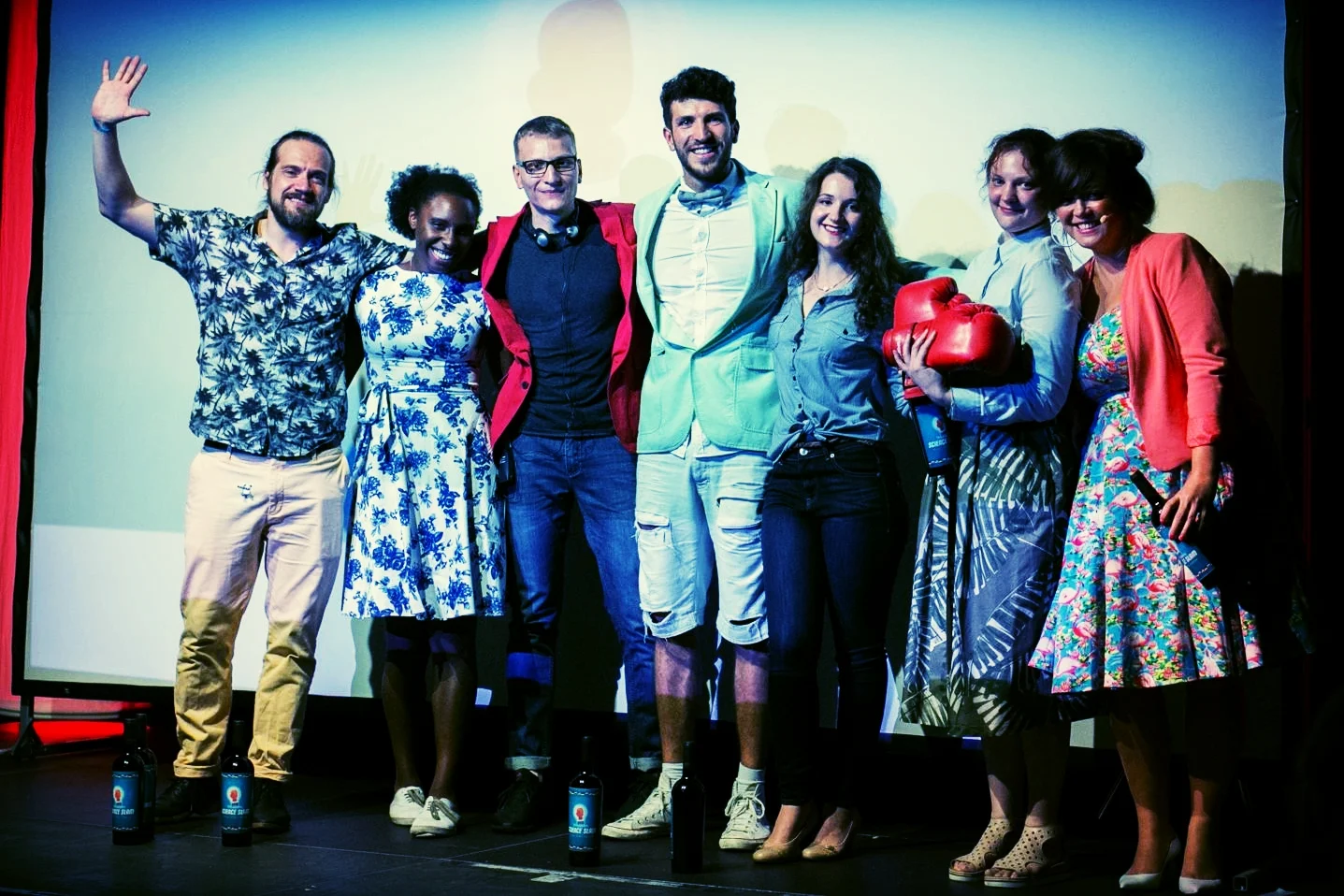 From left to right: slammers Daniel Angerhausen (D), Chelsea Nnebe (US), Nikita Meshcheulov (RUS), Frieder Neunhöffer (D), Lauren Davidson (US), winner Ksenia Karbysheva (RUS) and host Marie-Christine Knop