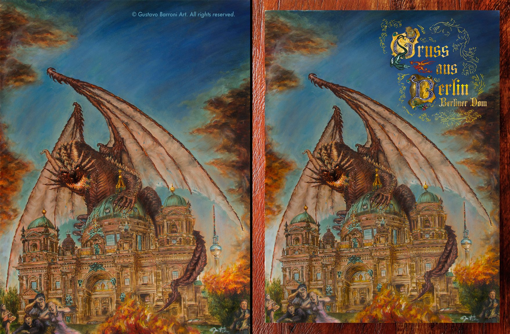 berliner dom cathedral with a dragon fantasy postcard by gustavo barroni