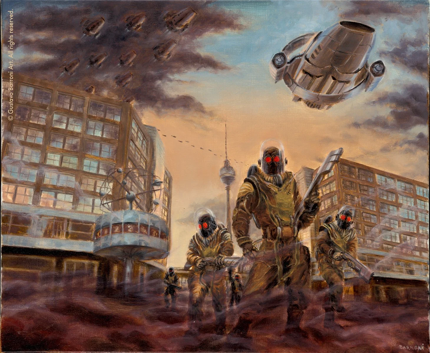 alexanderplatz berlin alien invasion painting in oils by gustavo barroni dieselpunk