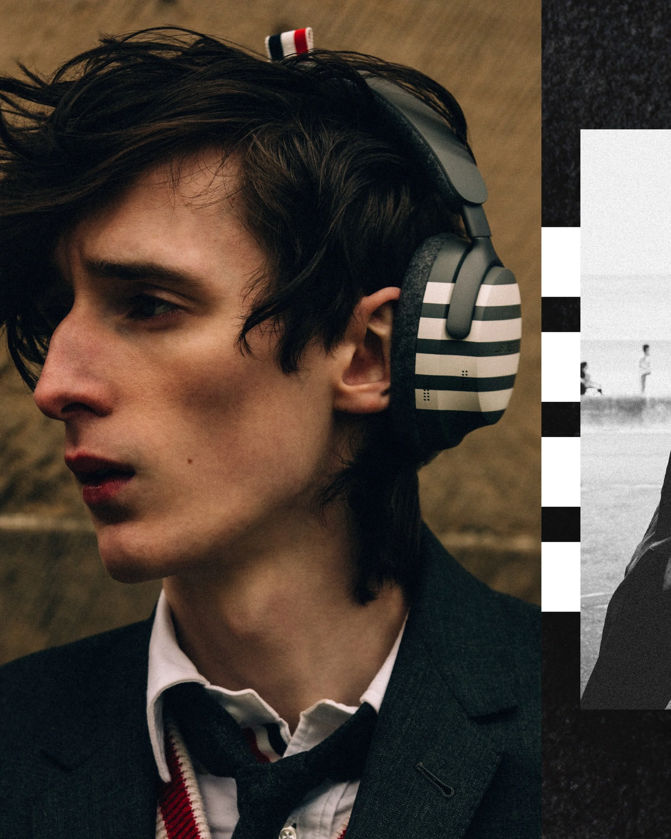 Bose x Thom Browne campaign — close-up of model wearing striped QuietComfort Ultra Headphones