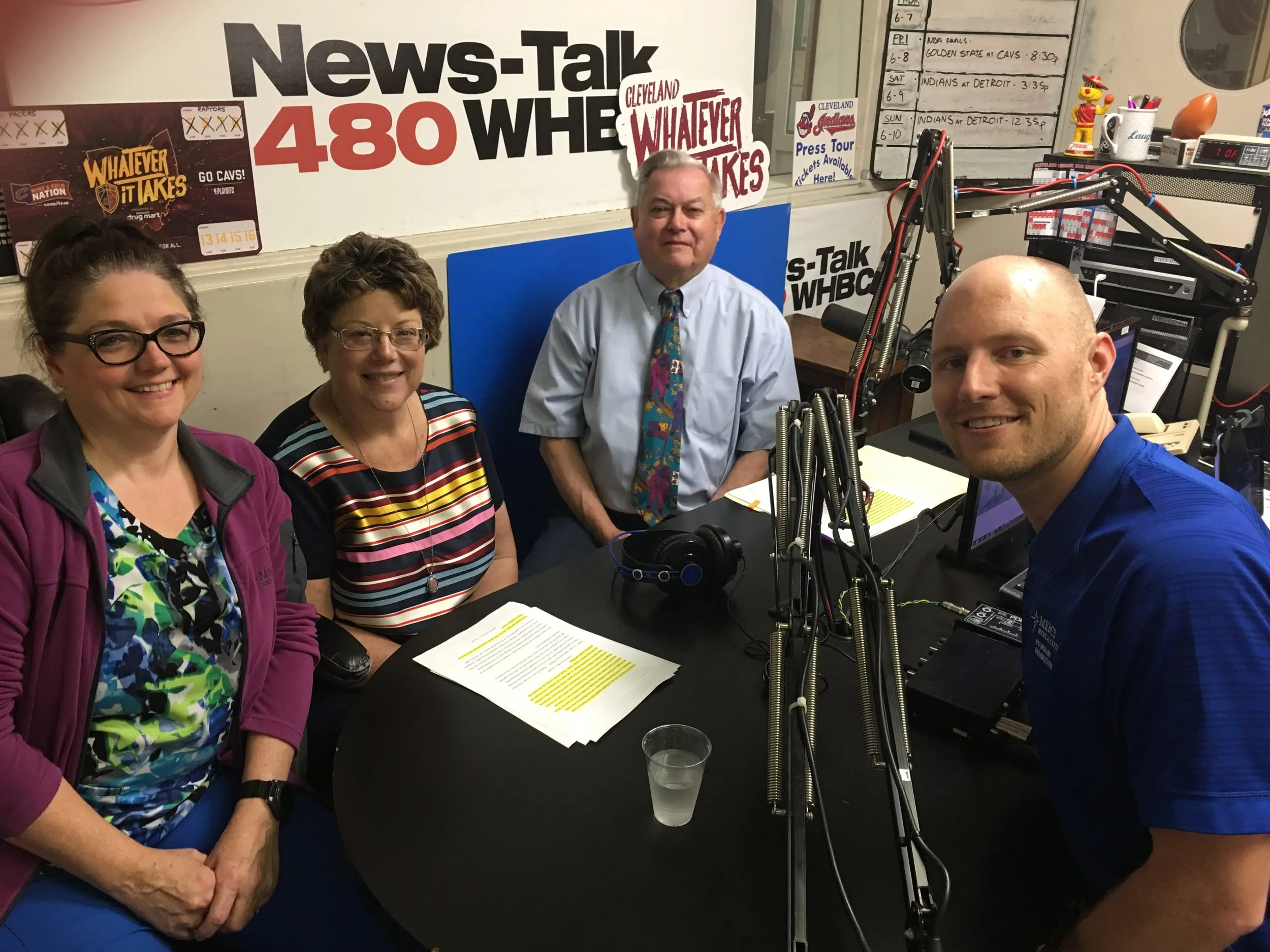 Mercy Medical Center respiratory therapists, Mary Duffield (left) and Dustin Shetler (right) discuss e-cigs, vaping and pulmonary effects with Medicine Center Pharmacy's Nancy Wharmby and Paul White. 