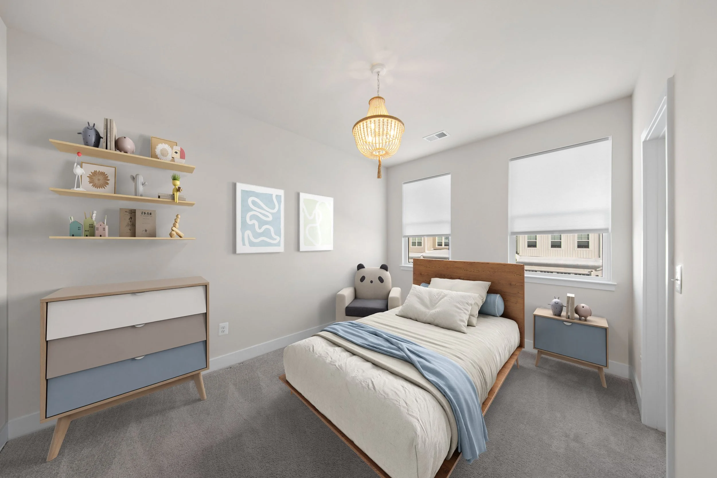 Minimalist bedroom with a wooden bed, white bedding, and blue accents. There are two windows with white blinds, a blue and wood nightstand, a chest with color-blocked drawers, a panda-shaped chair, and floating shelves with decorative items.
