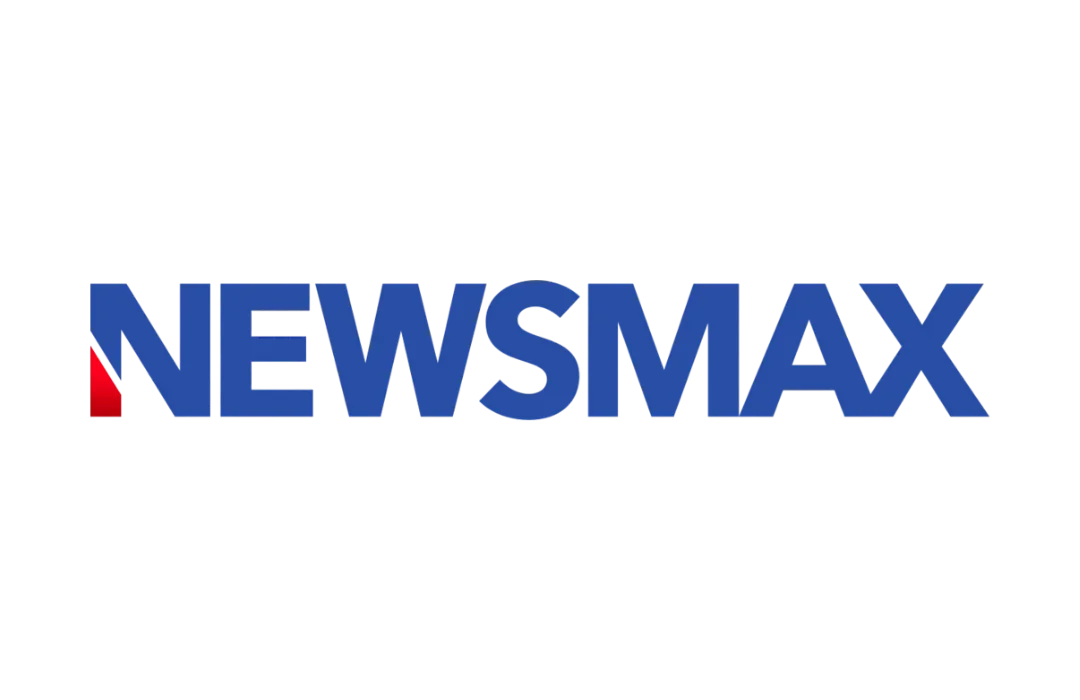 Newsmax logo with blue text and a red triangle