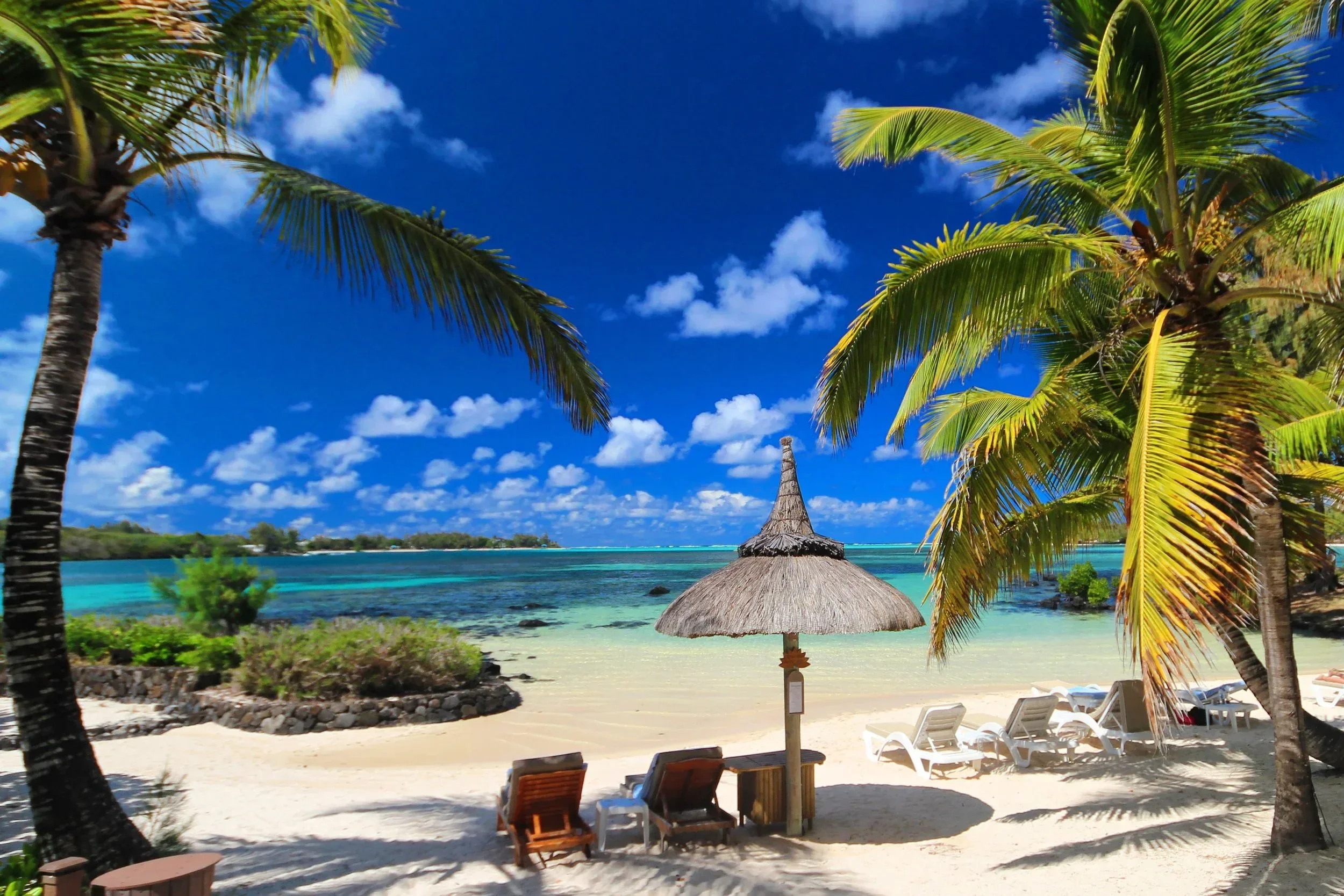 Tropical beach with palm trees, a thatched umbrella, lounge chairs, and clear turquoise water under a blue sky with scattered clouds.