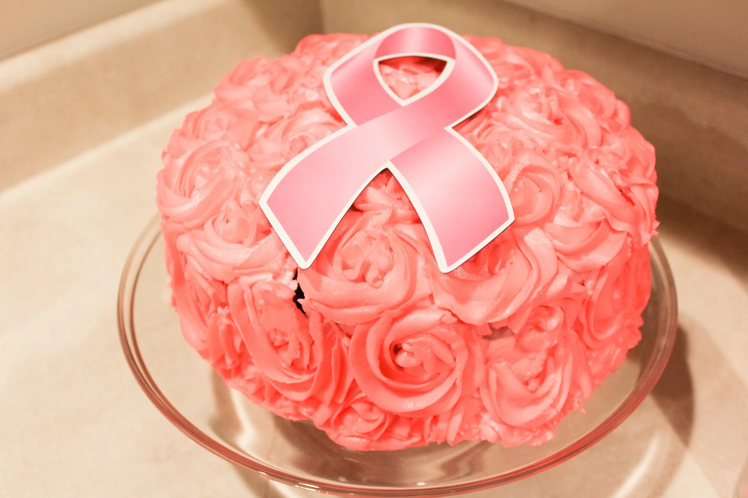 mom made a yummy cake - chocolate cake with pink icing rosettes