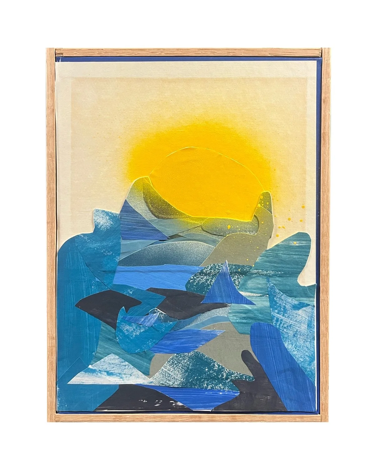 Here are two pieces pieces I recently put wood frames around. They are made of painted paper collage and spray paint on the insides of a found book&rdquo;s covers. They were made by being grateful I live near the waves and the ocean. Each are 10&rdqu