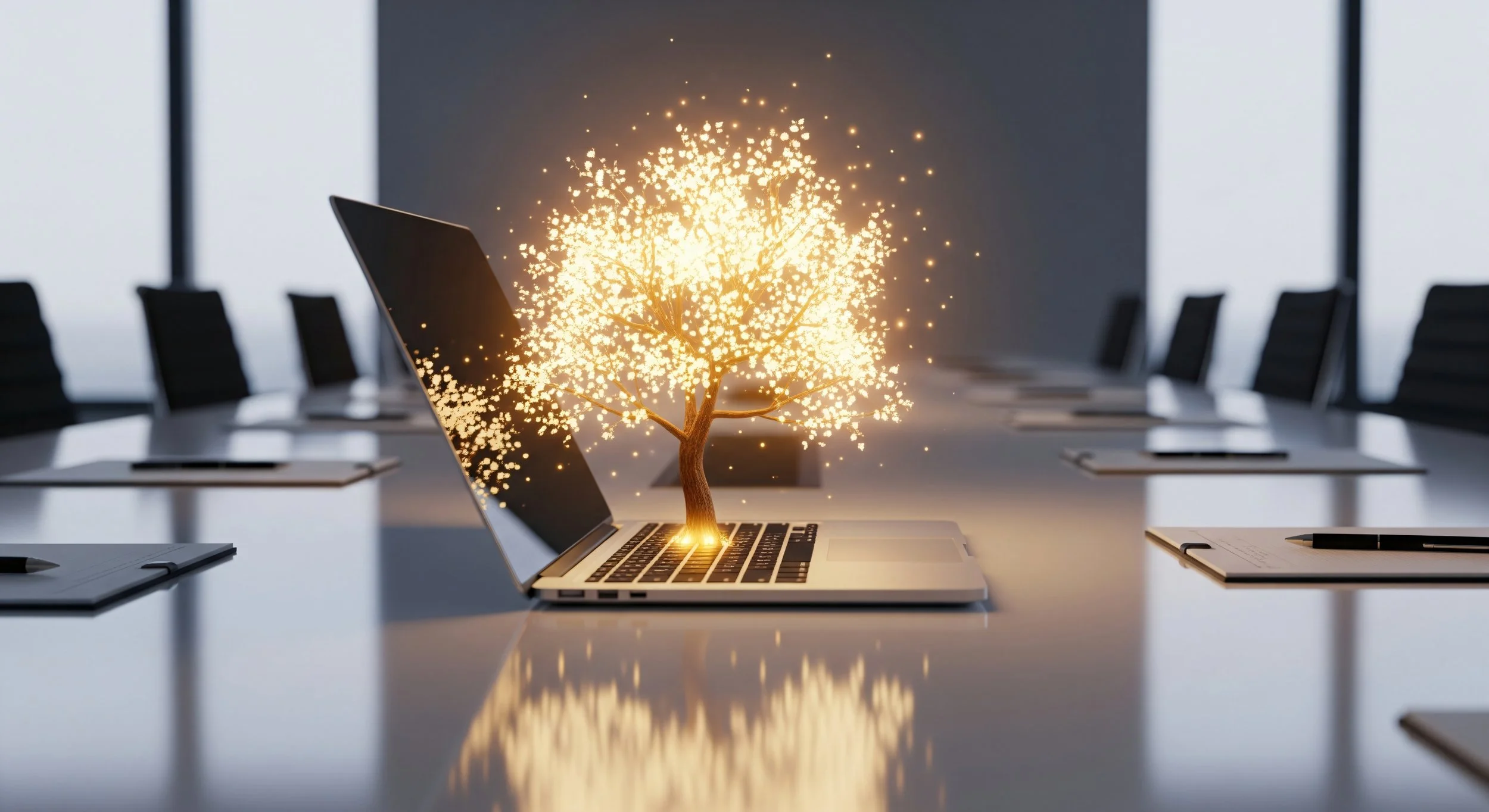 A laptop with a glowing tree projecting from the keyboard in a conference room with chairs and notebooks on the table.