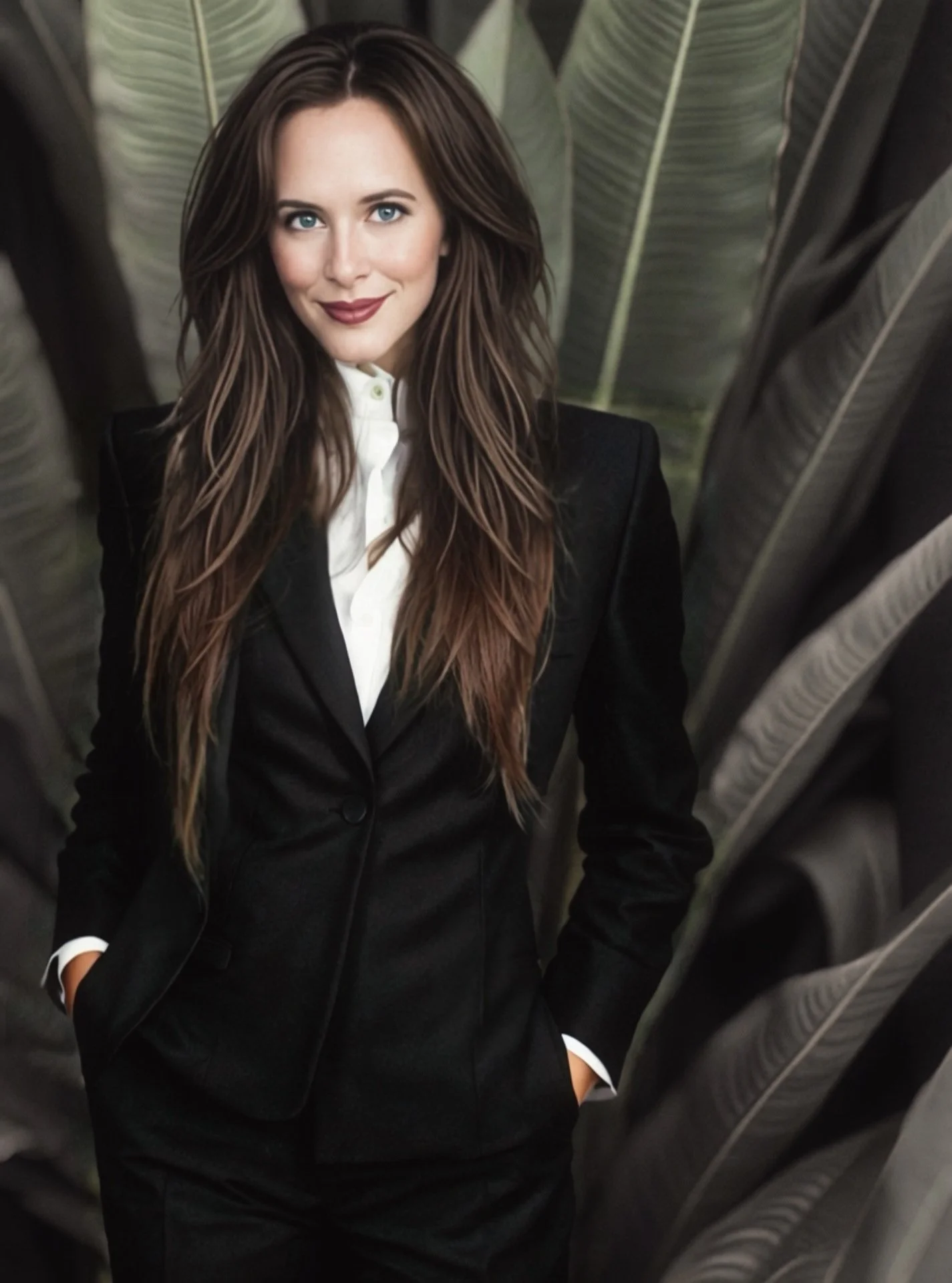 Alyssa, a woman with long brown hair, dressed in a black suit and white shirt, is posing among large, dark green tropical leaves.
