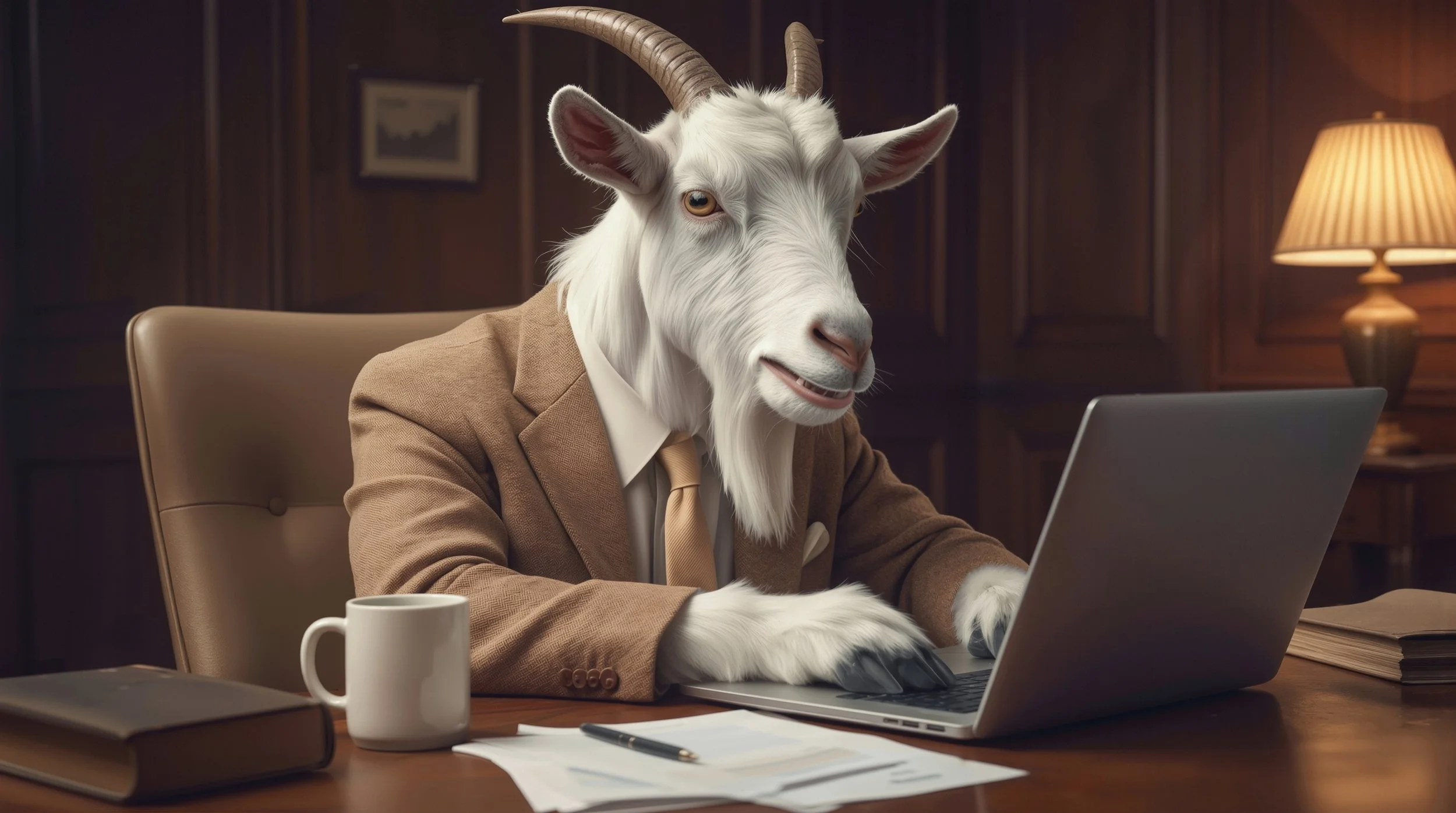 A humanoid goat with white fur, wearing a brown suit and tie, working on a laptop in a dimly lit office with wood-paneled walls and a table lamp.