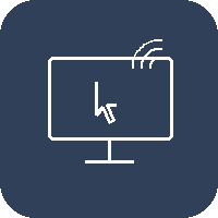 Icon of a computer monitor with a cursor clicking on the screen, and wireless signal lines above
