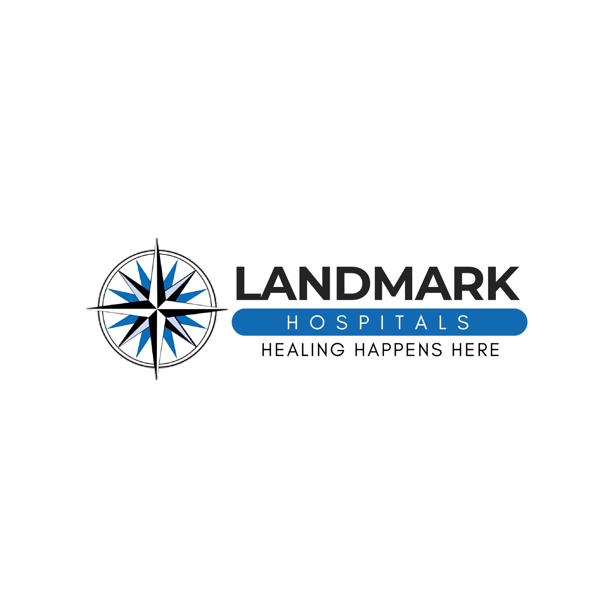 Logo for Landmark Hospitals featuring a compass rose symbol and the slogan "Healing Happens Here."