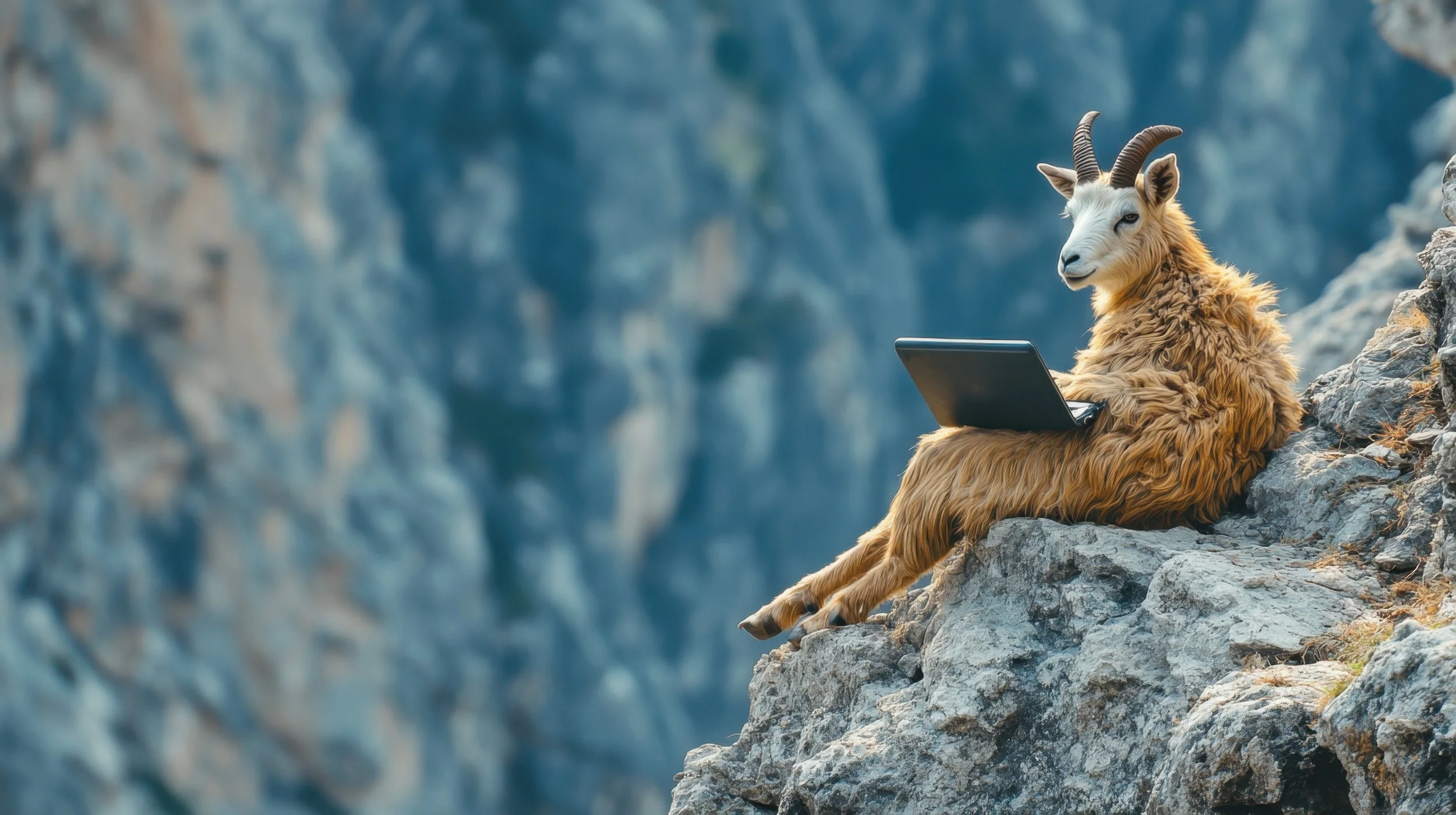A goat sits on a rocky cliff, using a laptop against a mountain background.