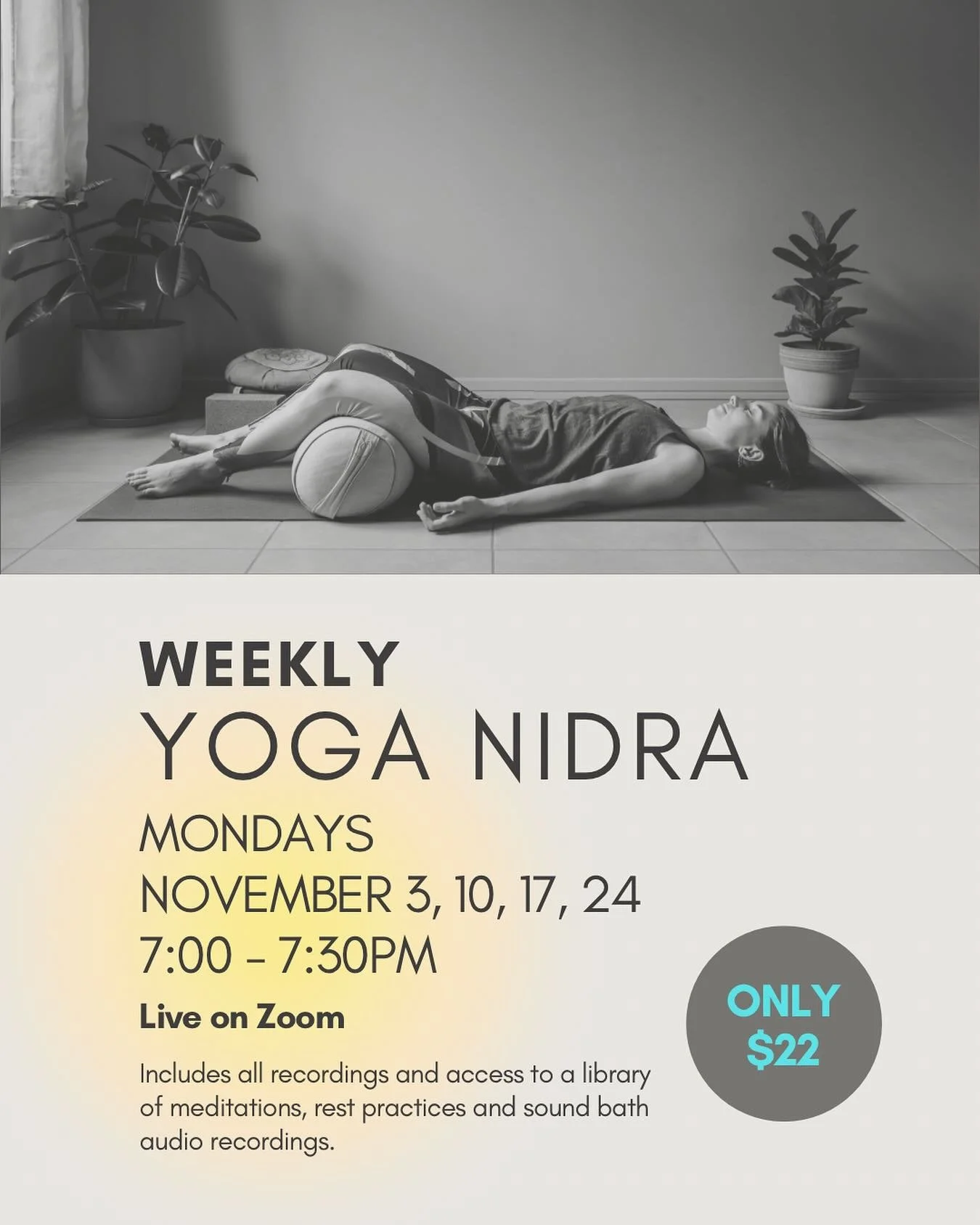 We begin another month of resting, relaxing and nourishing ourselves in The Rest Room virtual studio.

I&rsquo;m honouring the $22 price for November which includes access to all recordings, an online practice library and a spot in November&rsquo;s S