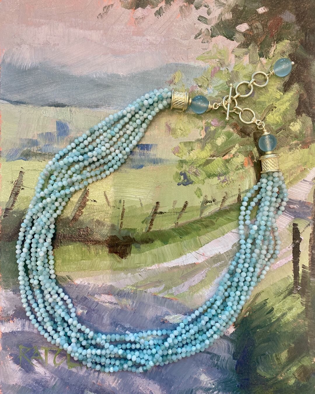 Good Morning! Please drop by @charlottecountrydayschool today and tomorrow  for the art show. What a great show of wonderful art! Check out one of my aquamarine necklaces paired with a beautiful original piece by artist patti@radcliffeart.com So happ