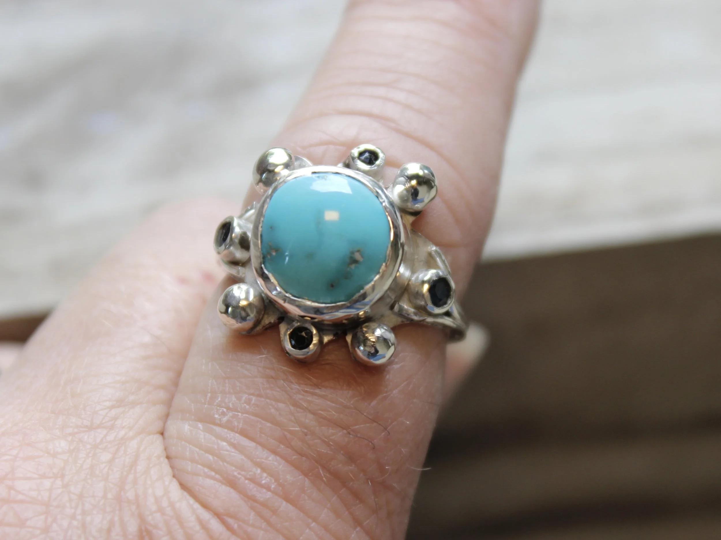 Turquoise and Sapphire Cluster Ring — Chrissi Harmon Jewelry