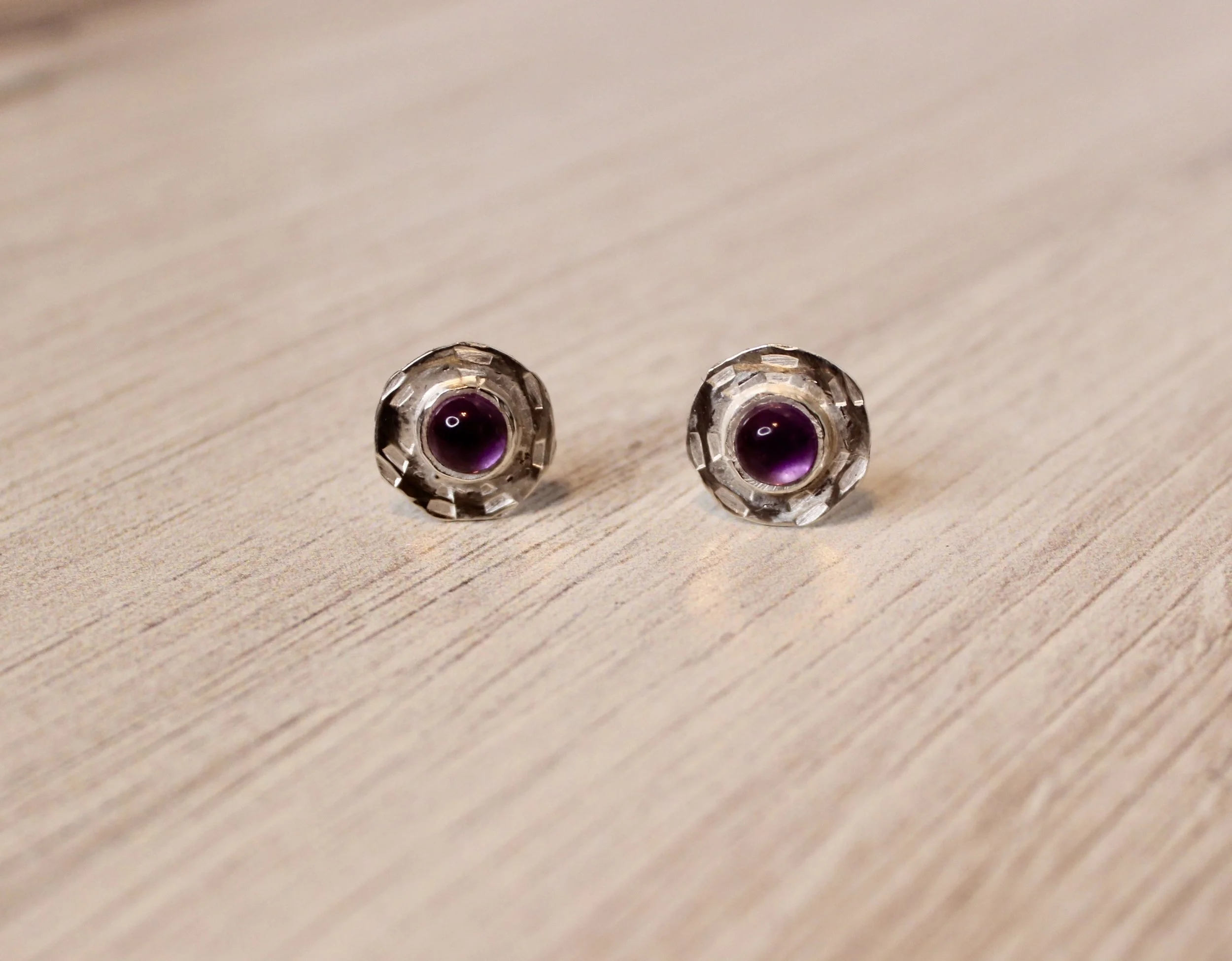 Amethyst Disk Stud Earrings with Stamping