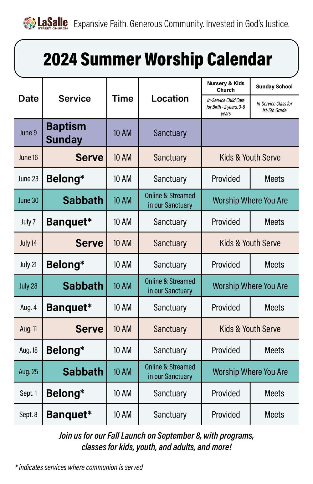 Worship Calendar — LaSalle Street Church