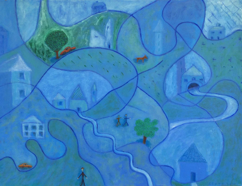 Figures in a Landscape Surrounded by Artistic Devices (2010), 18 x 24 in, oil on canvas