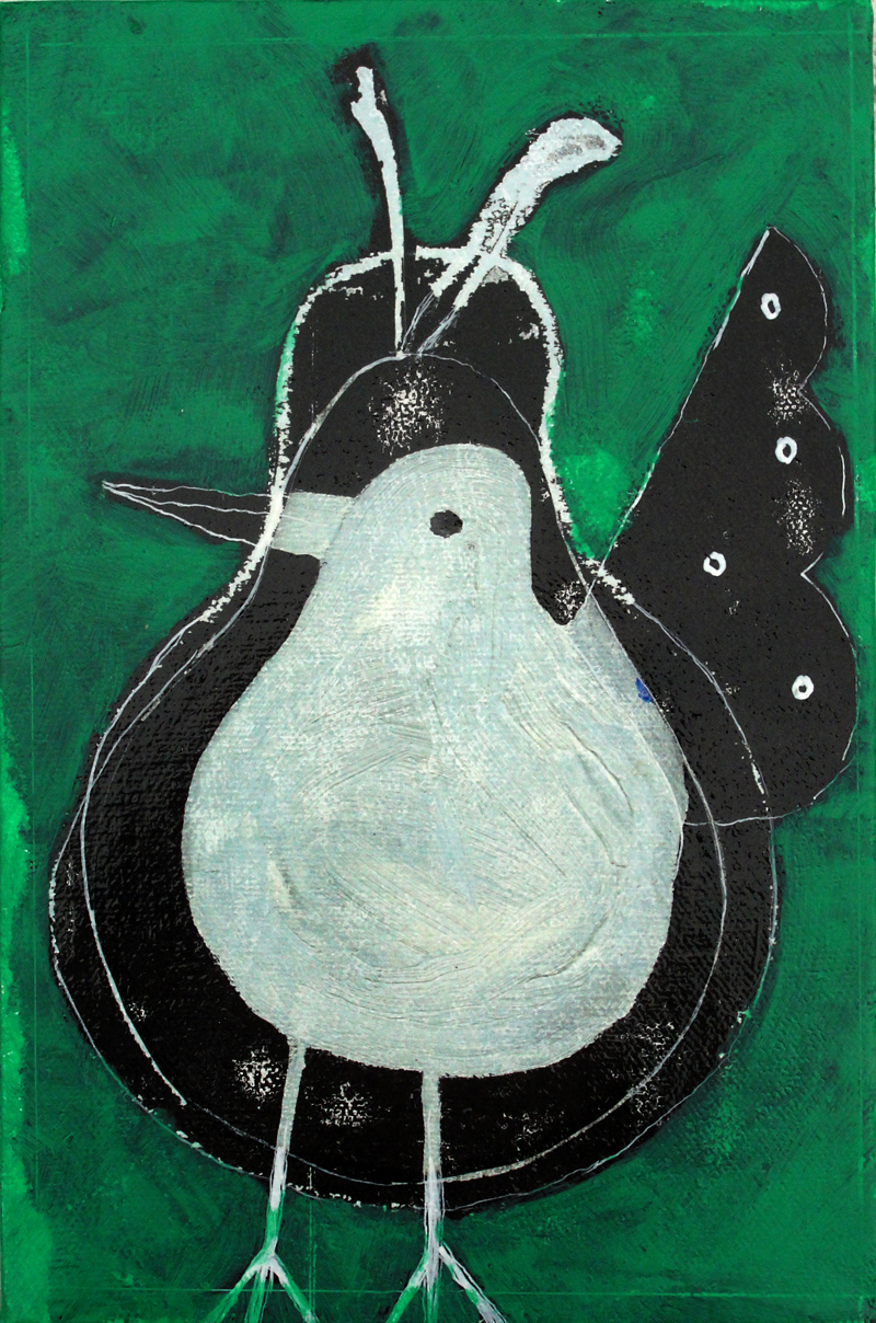   Bird and Pear  (2012), 9 x 6 in, transfer, oil, wax on canvas 