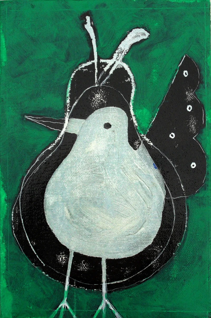 Bird and Pear (2012), 9 x 6 in, transfer, oil, wax on canvas