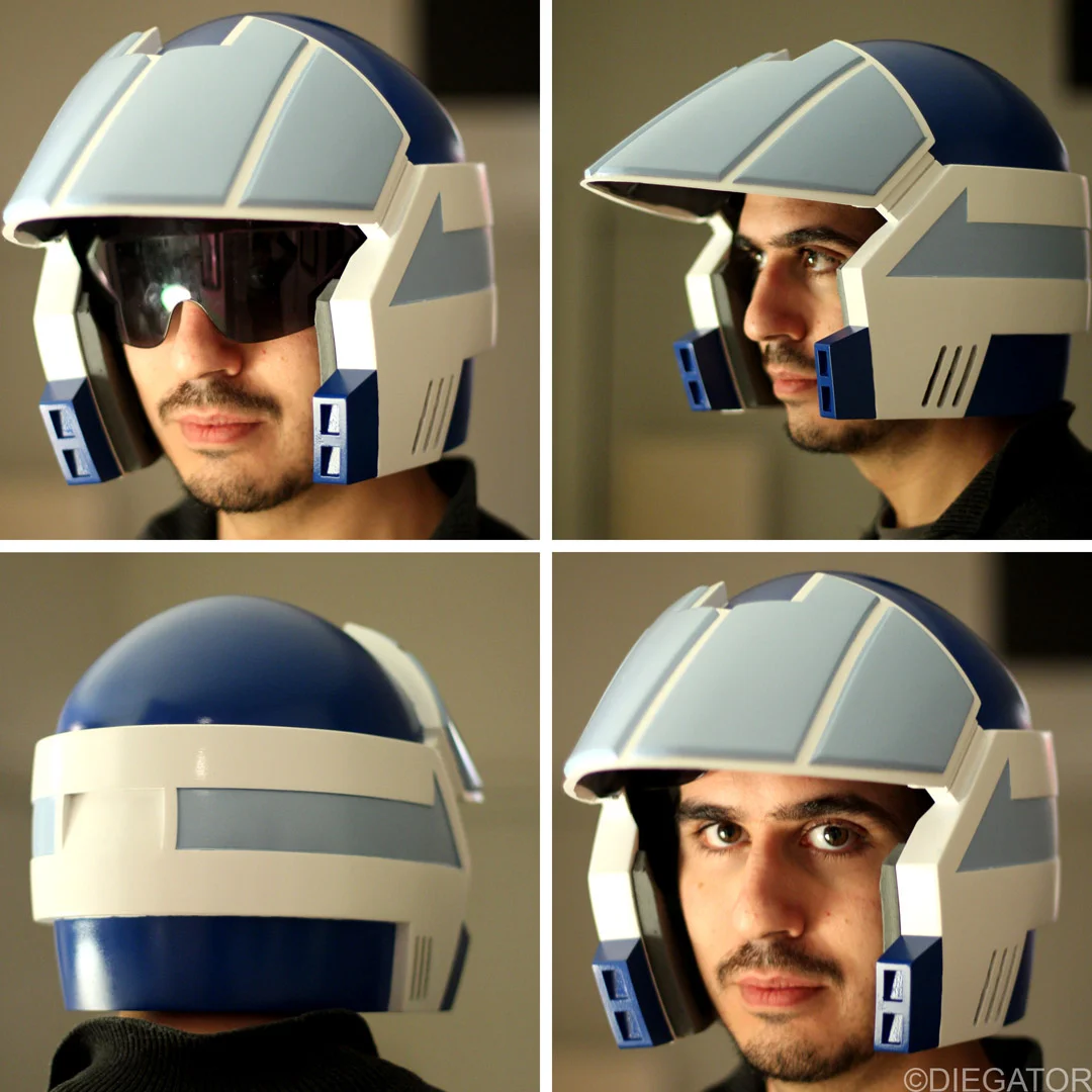 The helmet features a flip down visor