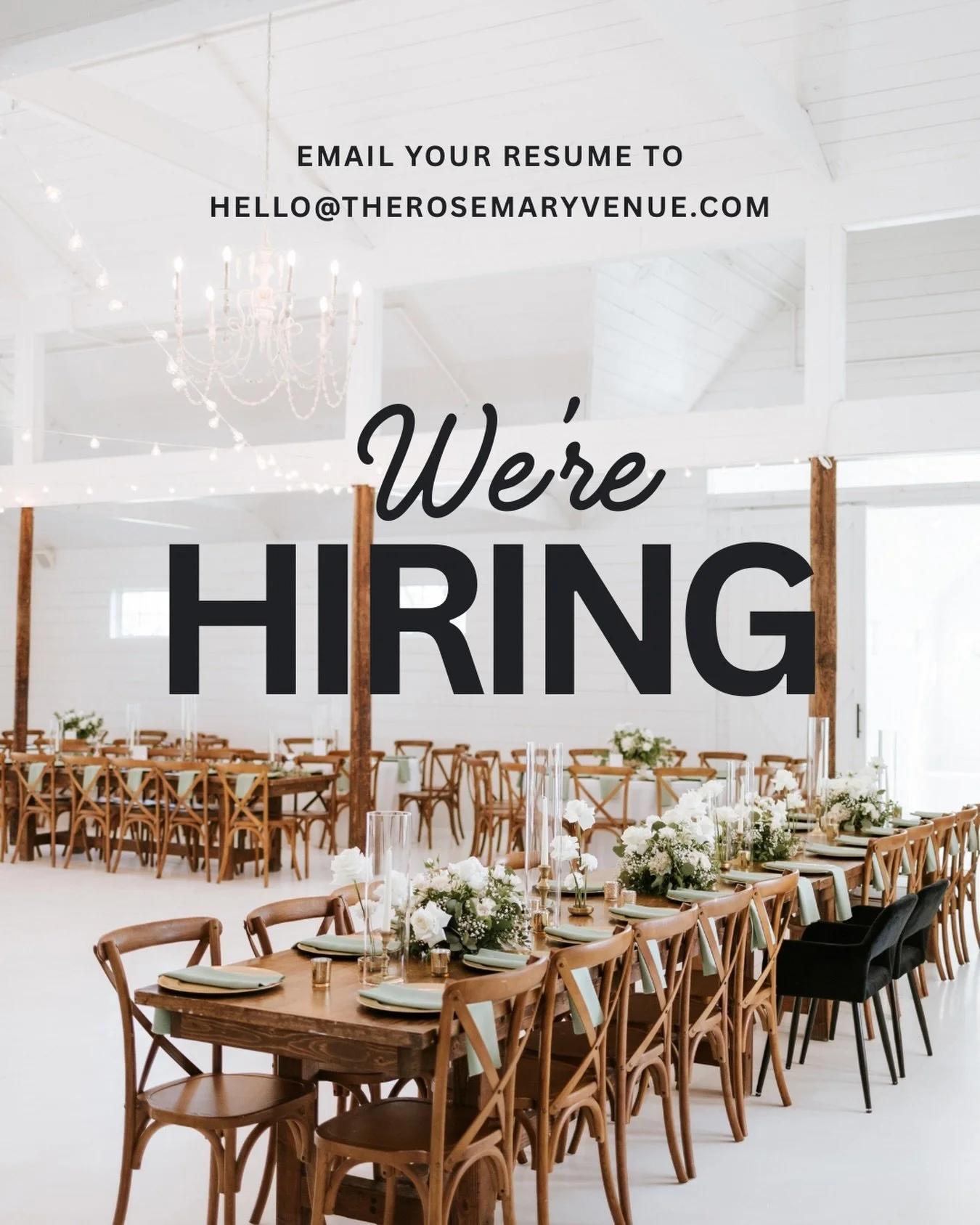Looking to expand your wedding industry career or get your foot in the door? We&rsquo;d love to hear your story and learn more about you. 

Now hiring for our weekend host position, email your resume to hello@therosemaryvenue.com to be considered 🤍
