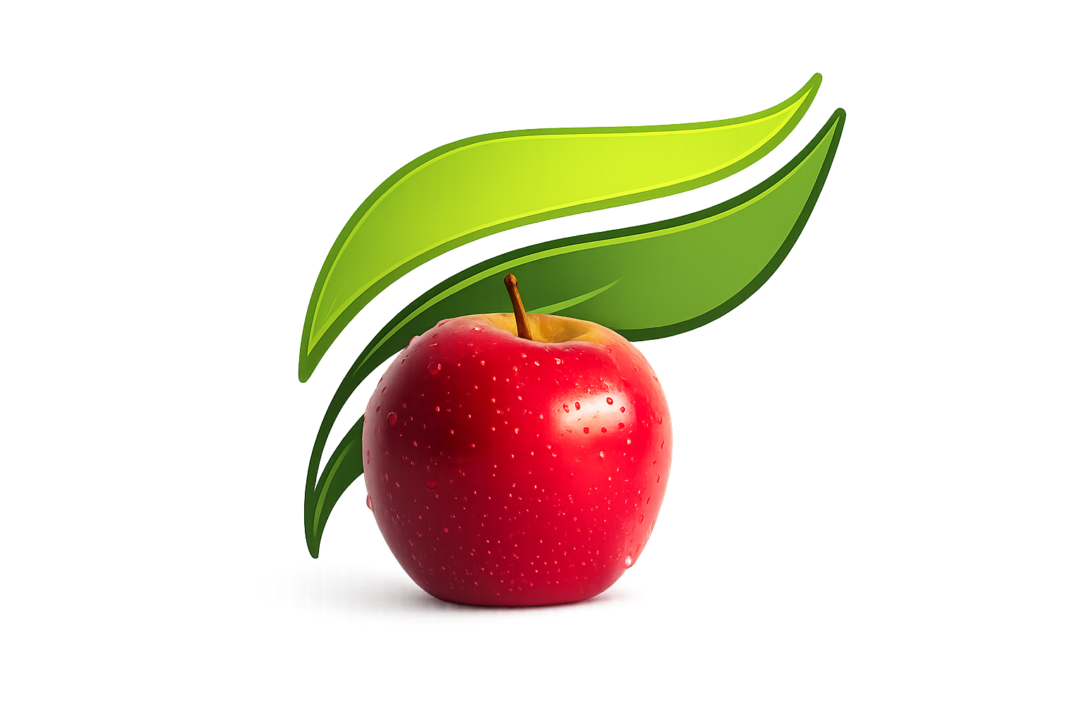 An animated red apple with green leaves and water droplets on its surface, placed in front of a transparent background.